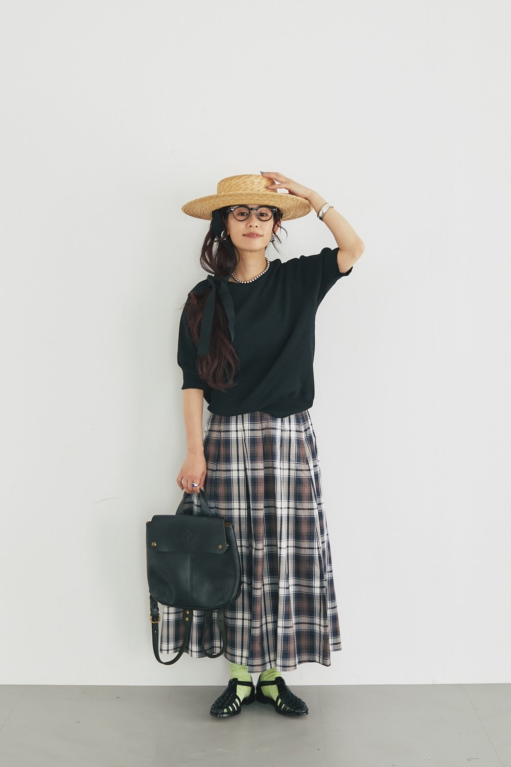 Soft pleats check skirt Navy - tartan check