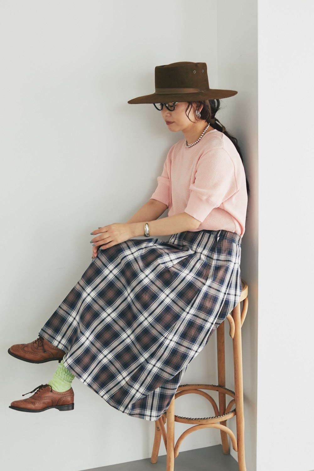 Soft pleats check skirt Navy - tartan check