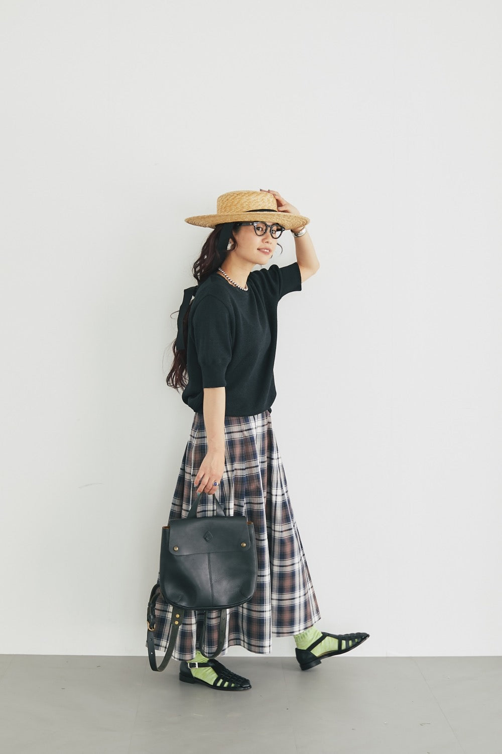 Soft pleats check skirt Navy - tartan check