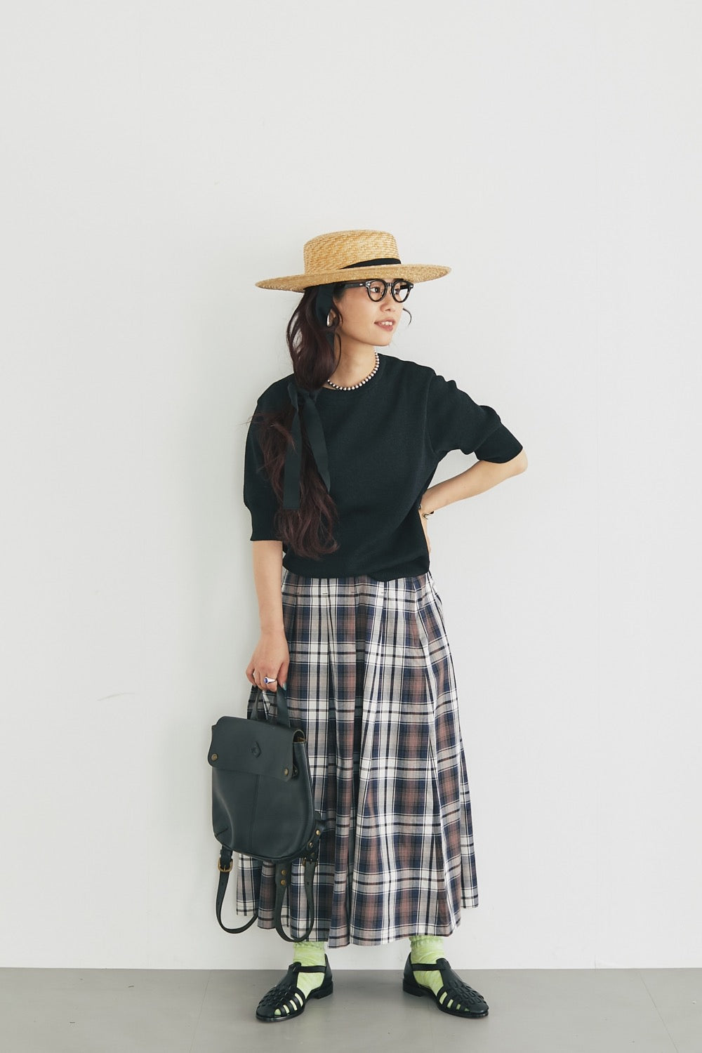 Soft pleats check skirt Navy - tartan check