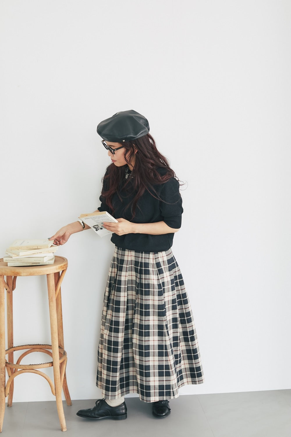 Soft pleats check skirt Black - tartan check
