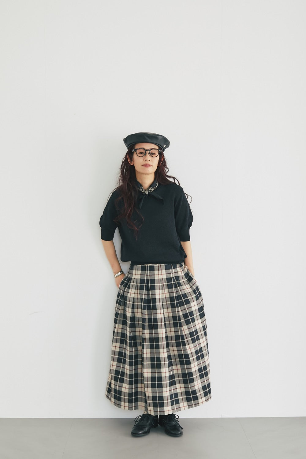 Soft pleats check skirt Black - tartan check