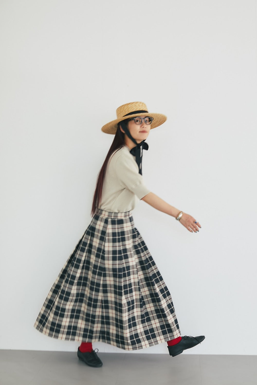 予約販売】6月上旬発送予定 Soft pleats check skirt Black
