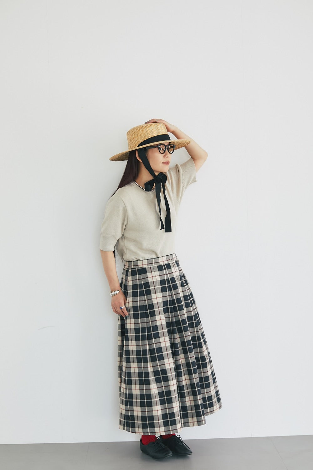 Soft pleats check skirt Black - tartan check