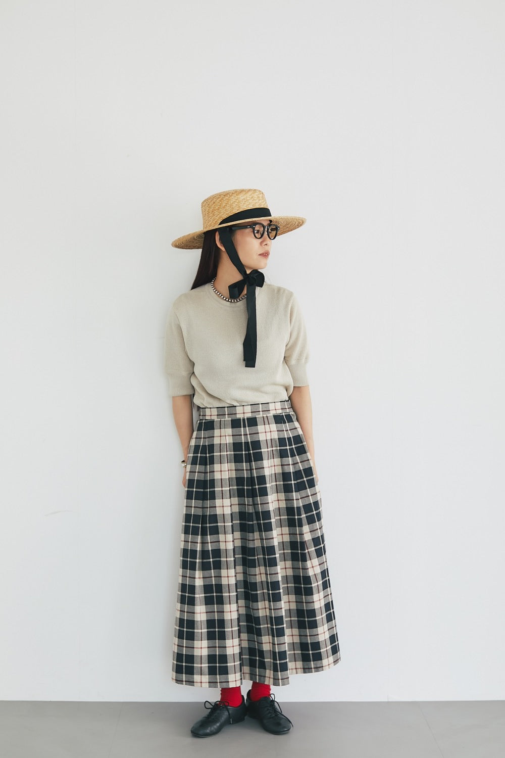 Soft pleats check skirt Black - tartan check
