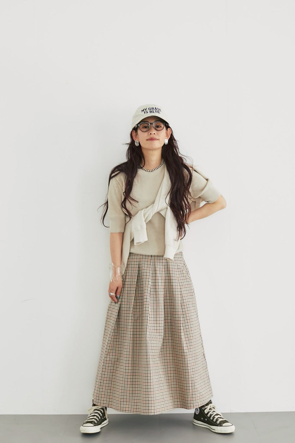 Soft pleats check skirt Beige - gun club check