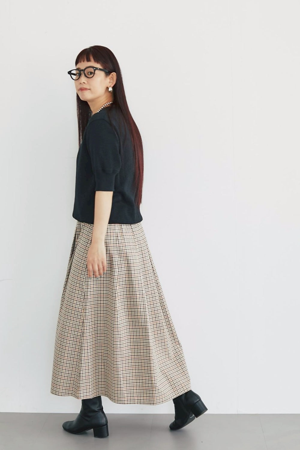 Soft pleats check skirt Beige - gun club check