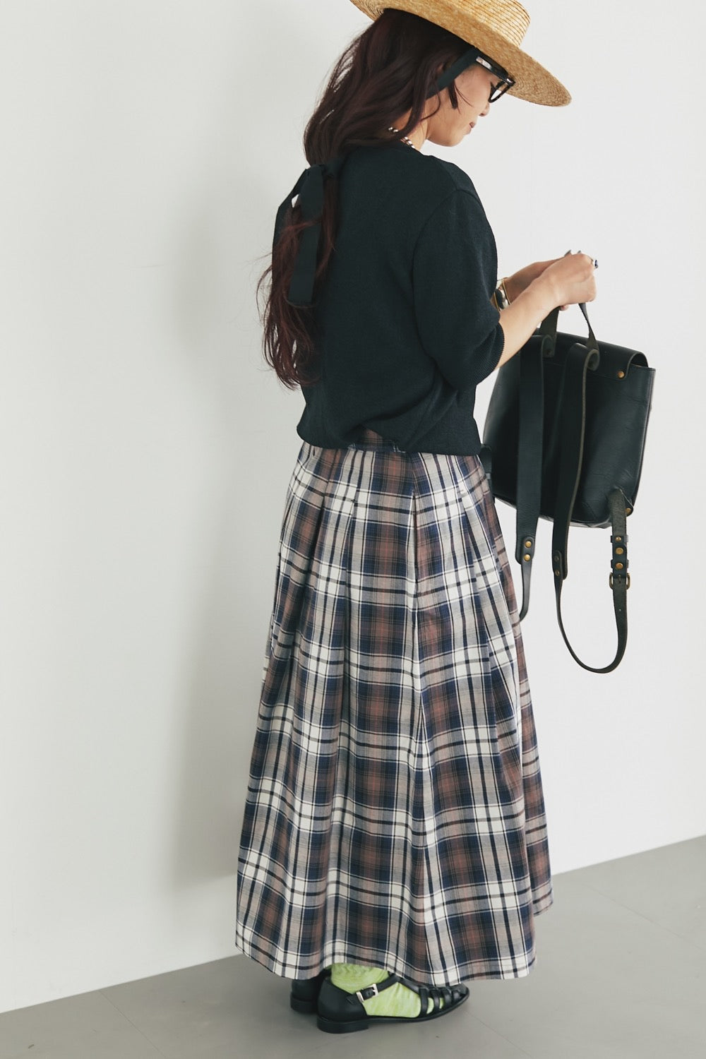 Soft pleats check skirt Navy - tartan check